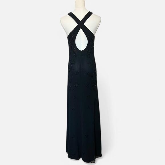 VTG 90s Laundry by Shelli Segal Black Beaded Mesh High Neck Open Back Maxi Dress - Picture 5 of 8